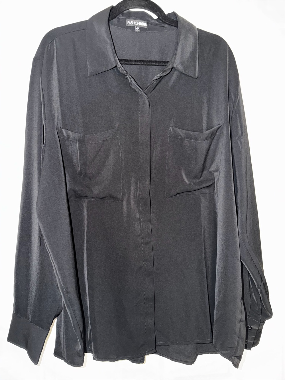 FASHION NOVA - CEO of Slaying Black Button-Down Satin Blouse